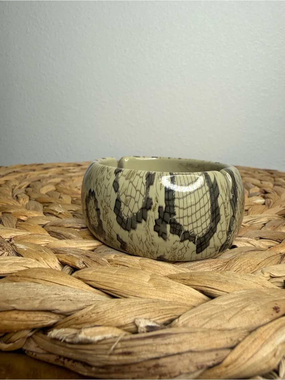 Vintage Kenneth Jay Lane Bangle Snake Python Print Cream Gray Patterned Bracelet